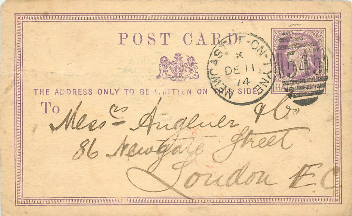 Entier Postal Postal Stationary Grande Bretagne Great Britain Machin 1/2p Newcastle on Tyne 1874