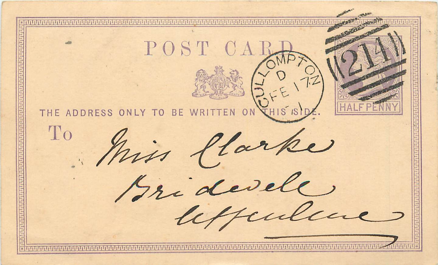 Entier Postal Postal Stationary Grande Bretagne Great Britain Machin 1/2p Cullompton 