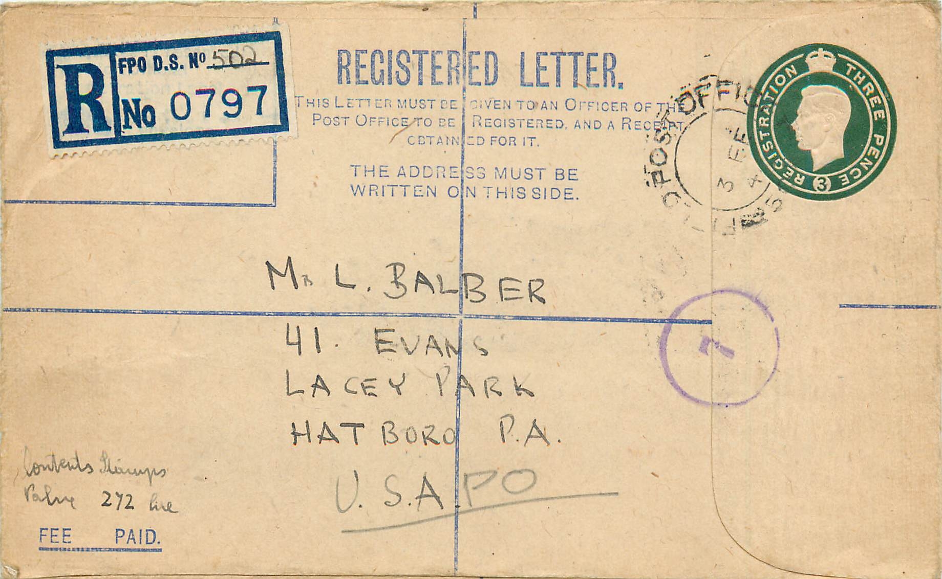 Entier Postal Postal Stationary Grande Bretagne Great Britain Field Post Office to Hat Boro Pa