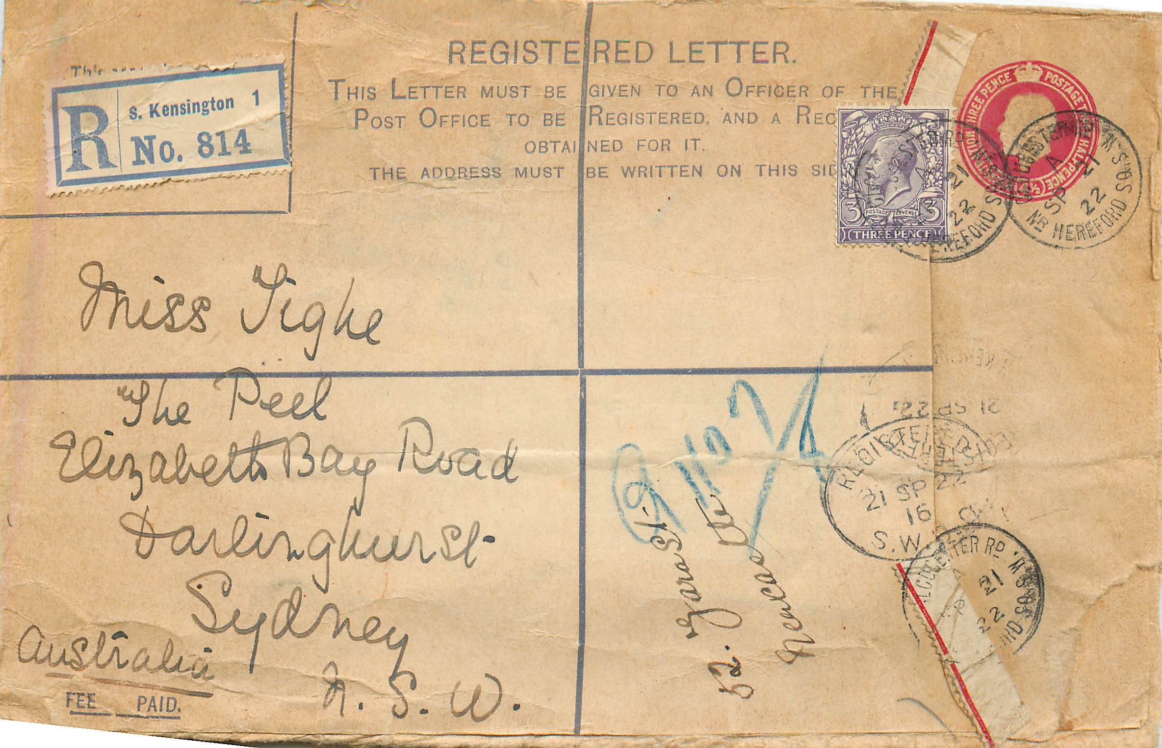 Entier Postal Postal Stationary Grande Bretagne Great Britain 4 1/2p + 3 p London Kensington for Syd