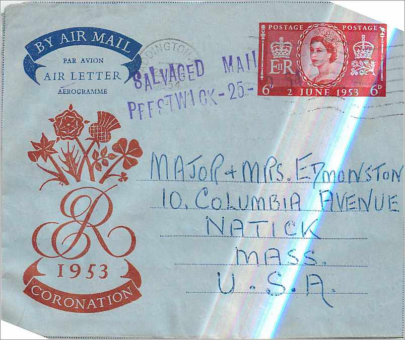 Entier Postal Postal Stationary Grande Bretagne Great Britain Aerogram 6d Salvaged Mail Prestwick 25