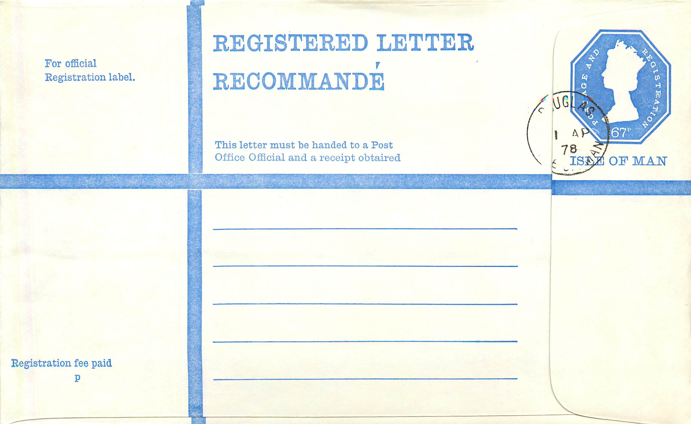 Entier Postal Postal Stationary Grande Bretagne Great Britain Machin Isle of Man 67p
