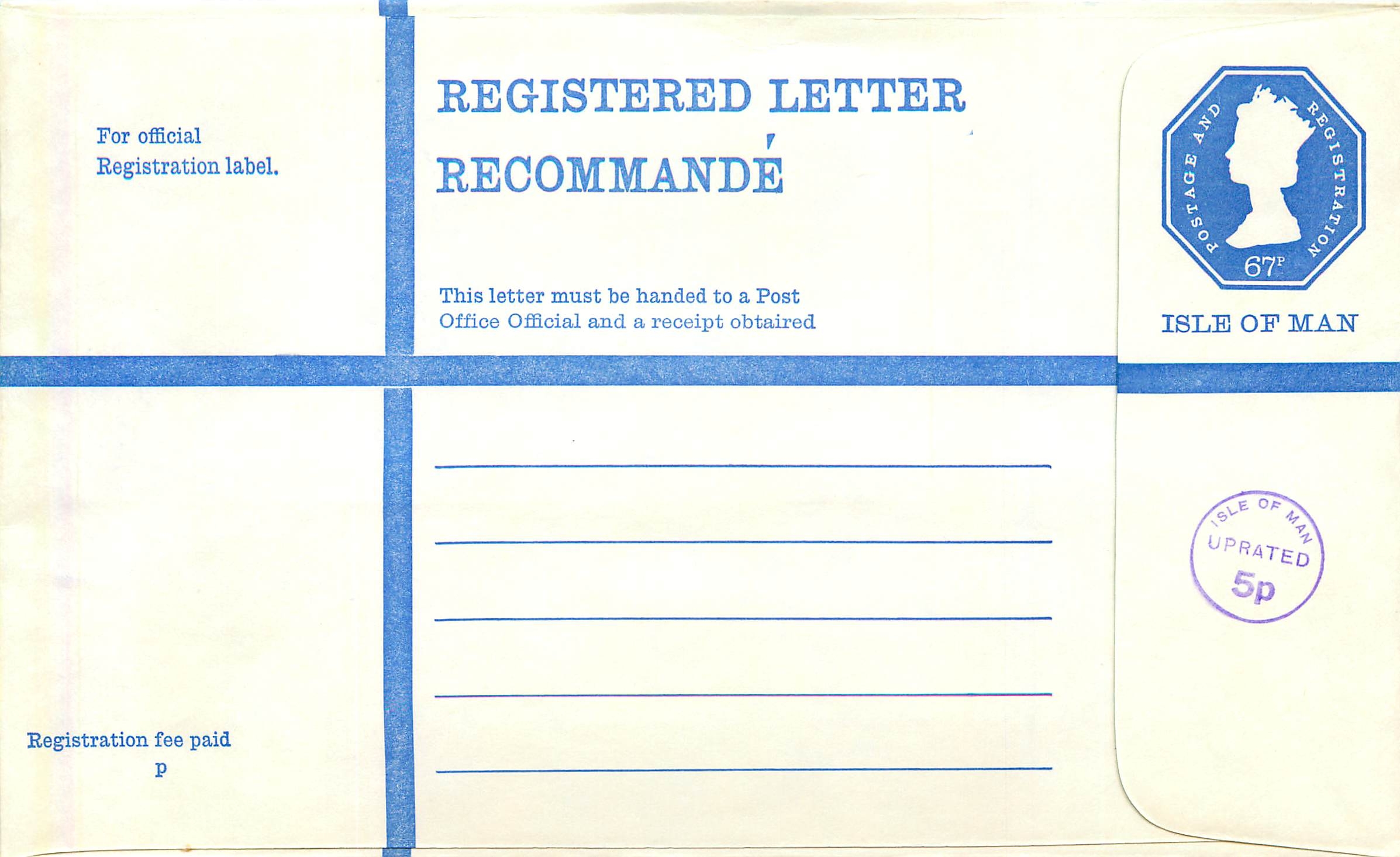 Entier Postal Postal Stationary Grande Bretagne Great Britain Machin Isle of Man 67p uprated 5p