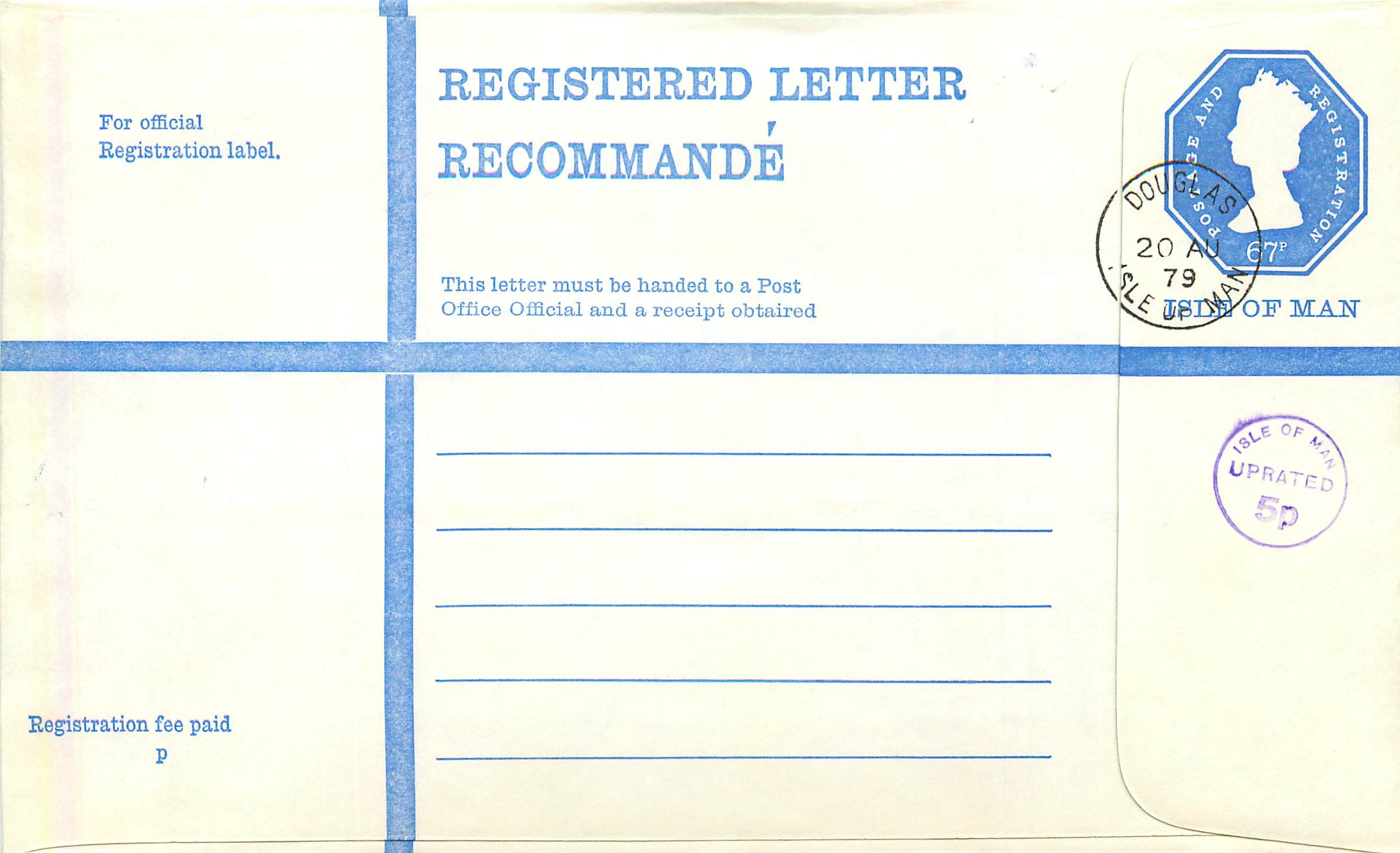 Entier Postal Postal Stationary Grande Bretagne Great Britain Machin Isle of Man 67p uprated 5p