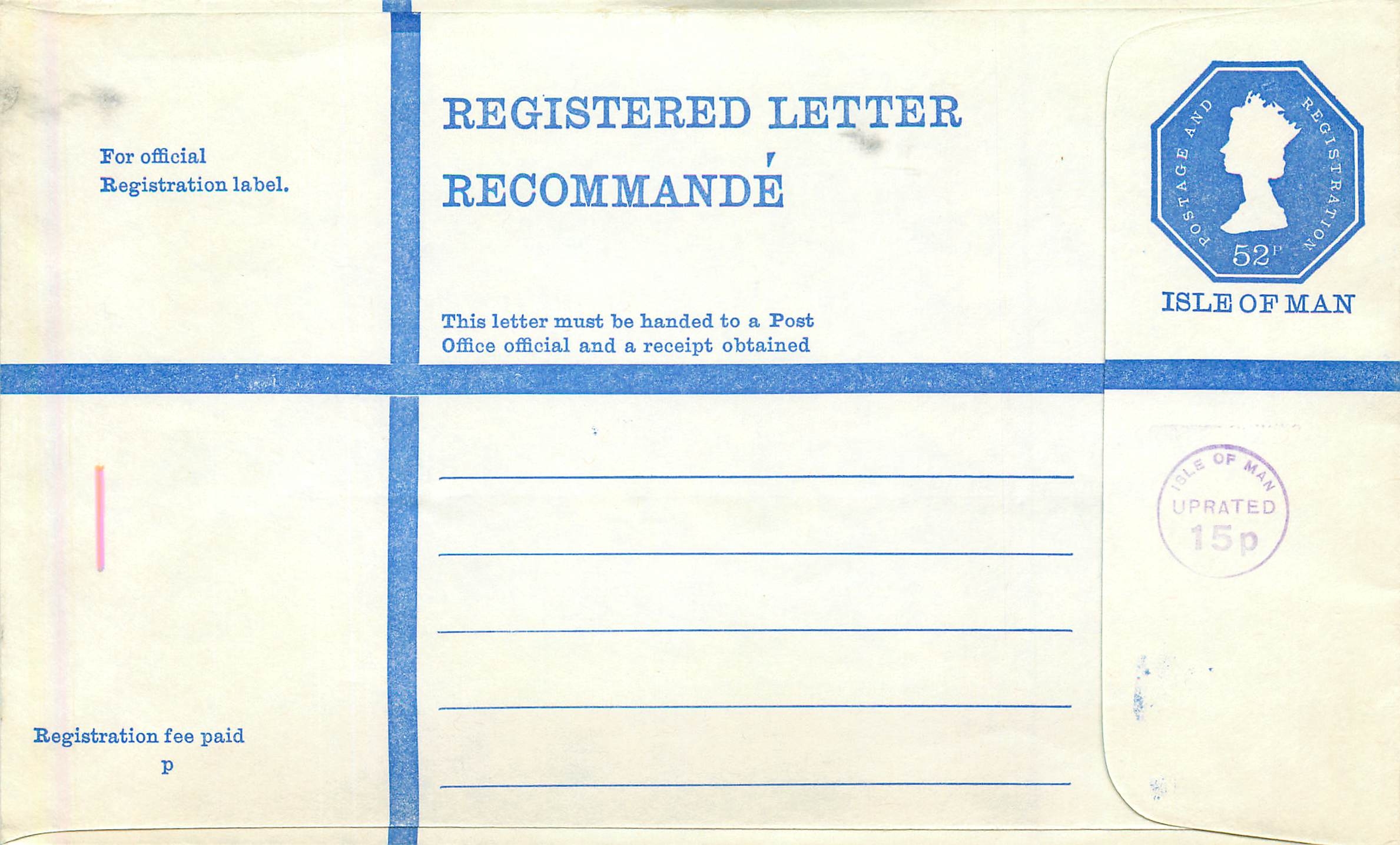 Entier Postal Postal Stationary Grande Bretagne Great Britain Machin Isle of Man 52p uprated 15p
