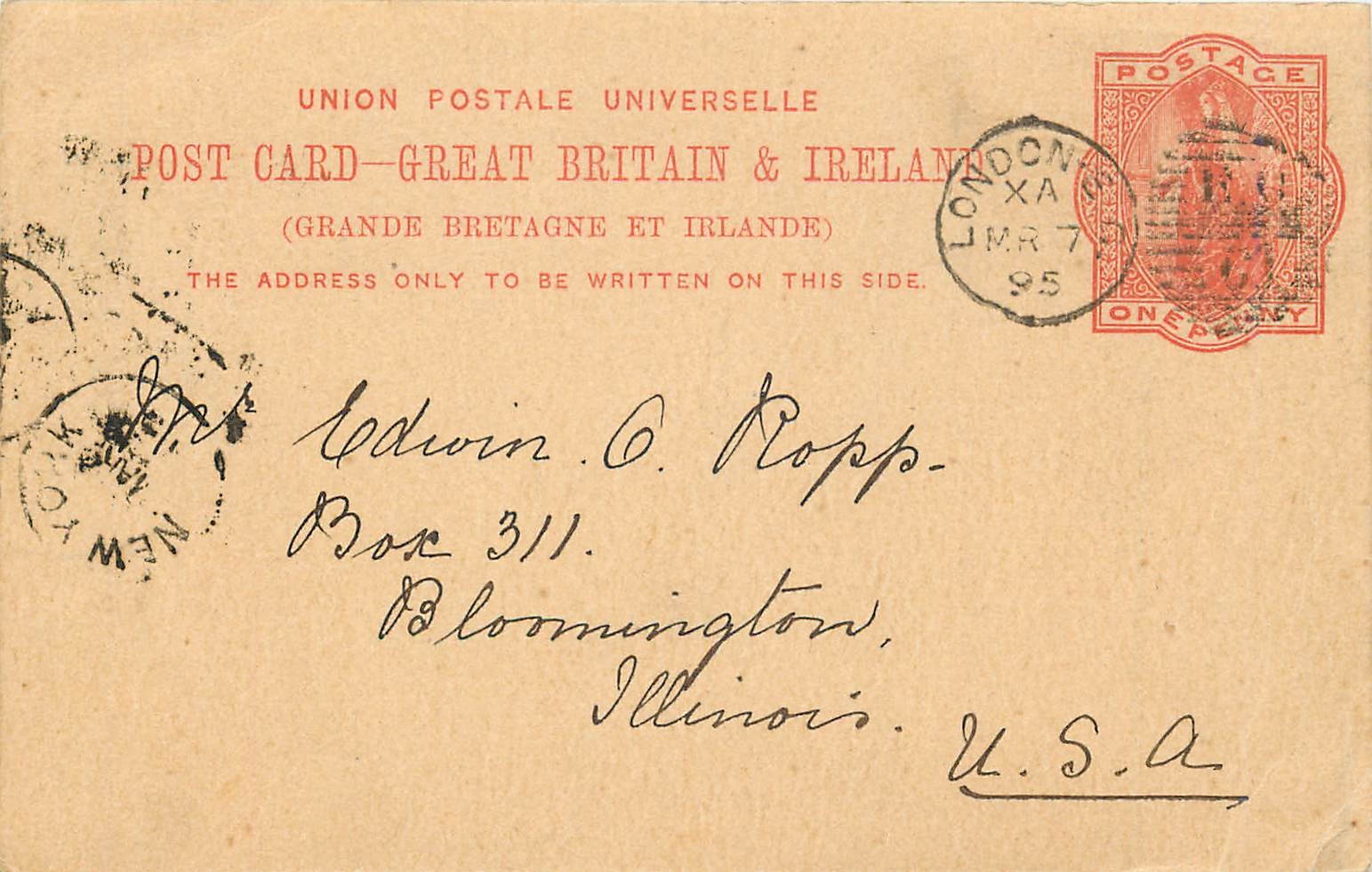 Entier Postal Postal Stationary Grande Bretagne Great Britain 1p London for Illinois 1895
