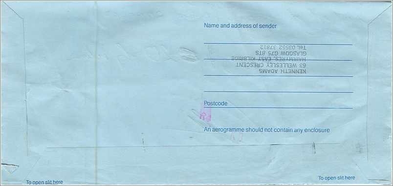 Aerogram — Glasgow, United Kingdom — Royal Mail — Back