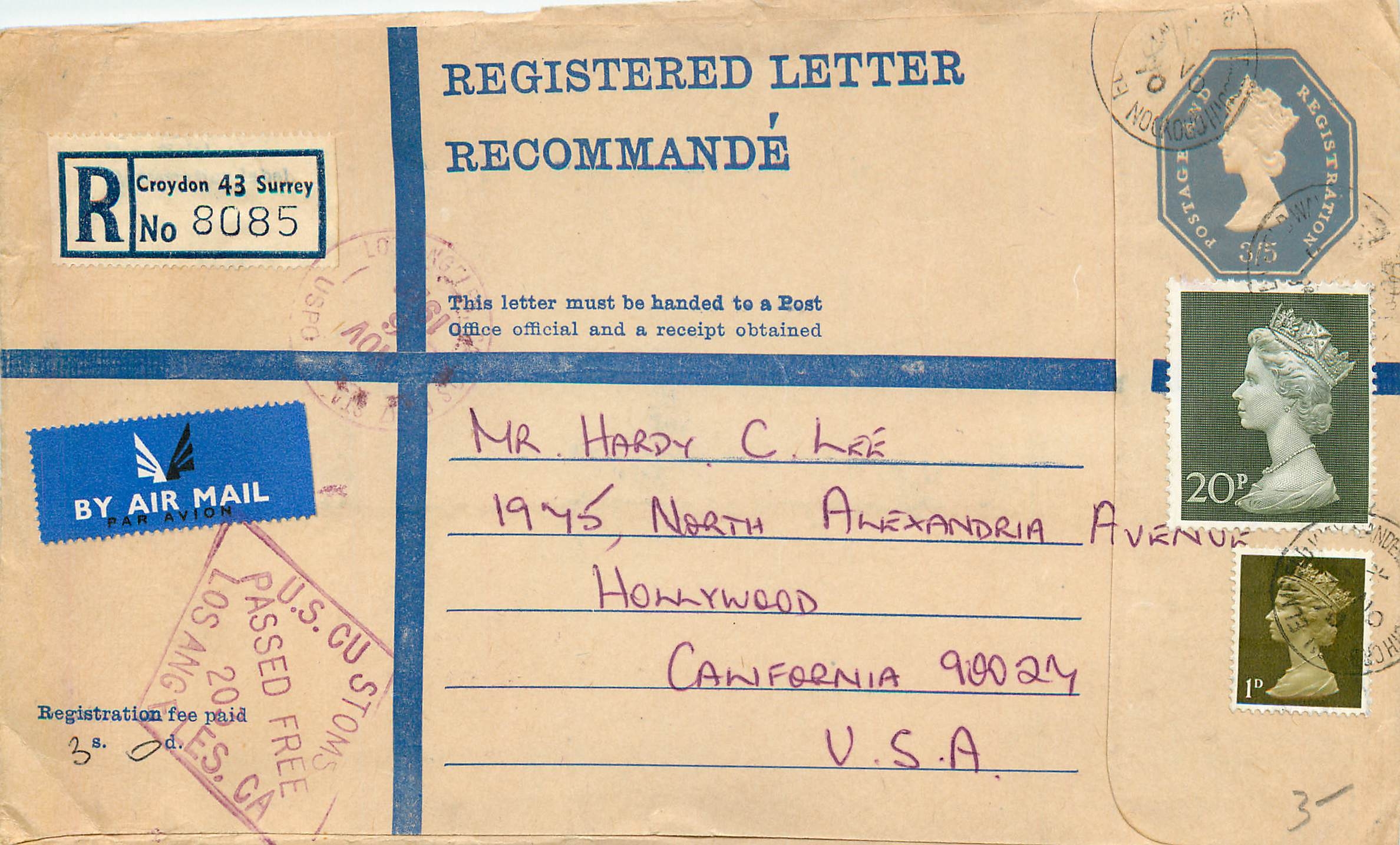 Lettre recommandée envoyée de Croydon (Surrey) vers Hollywood — éditeur : Royal Mail, n° de série 8085