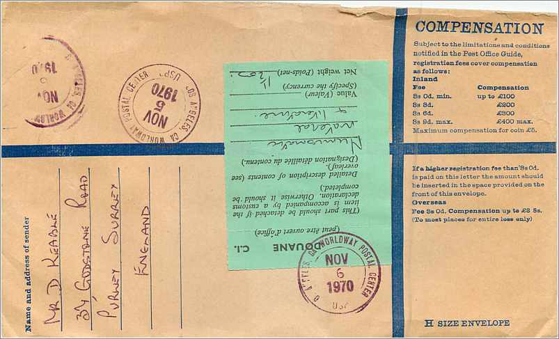 Lettre recommandée envoyée de Croydon (Surrey) vers Hollywood — éditeur : Royal Mail, n° de série 8085 — Verso