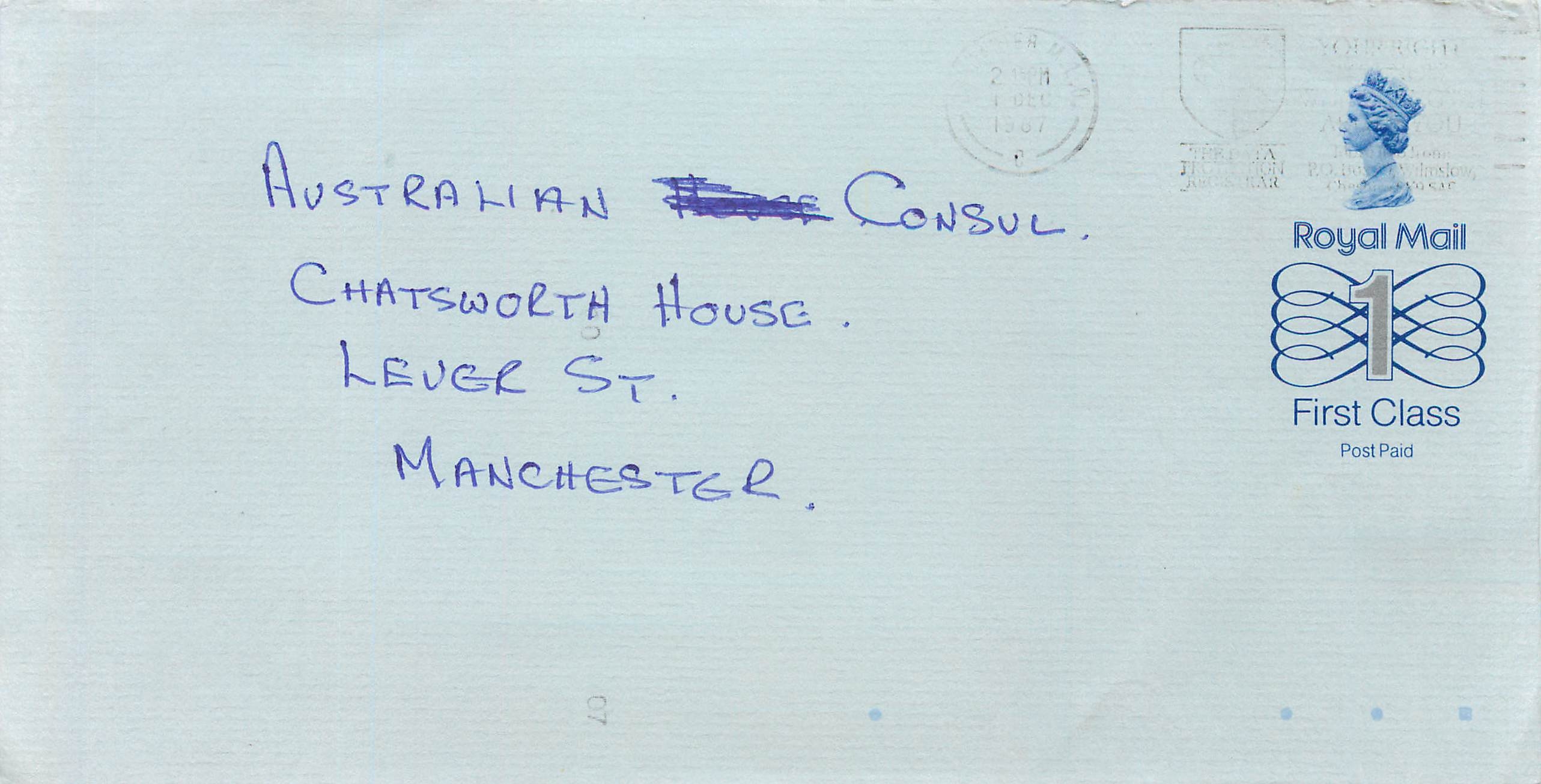Entier Postal Stationary Great Britain Machin Australian Consulate Manchester 