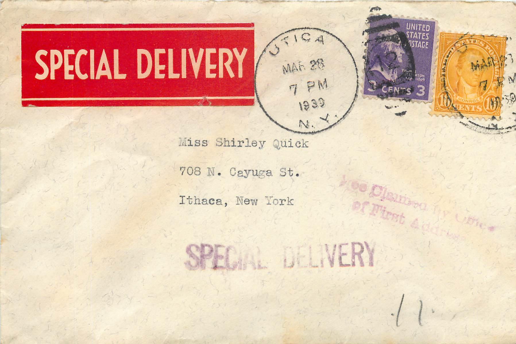 Lettre Cover Etats-Unis 3c + 10 c on Utica special delivery 1939 cover to Ithaca