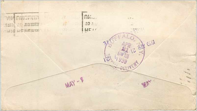 Lettre Cover Etats-Unis 10c special delivery on 1939 Ithaca cover to Buffalo — Verso