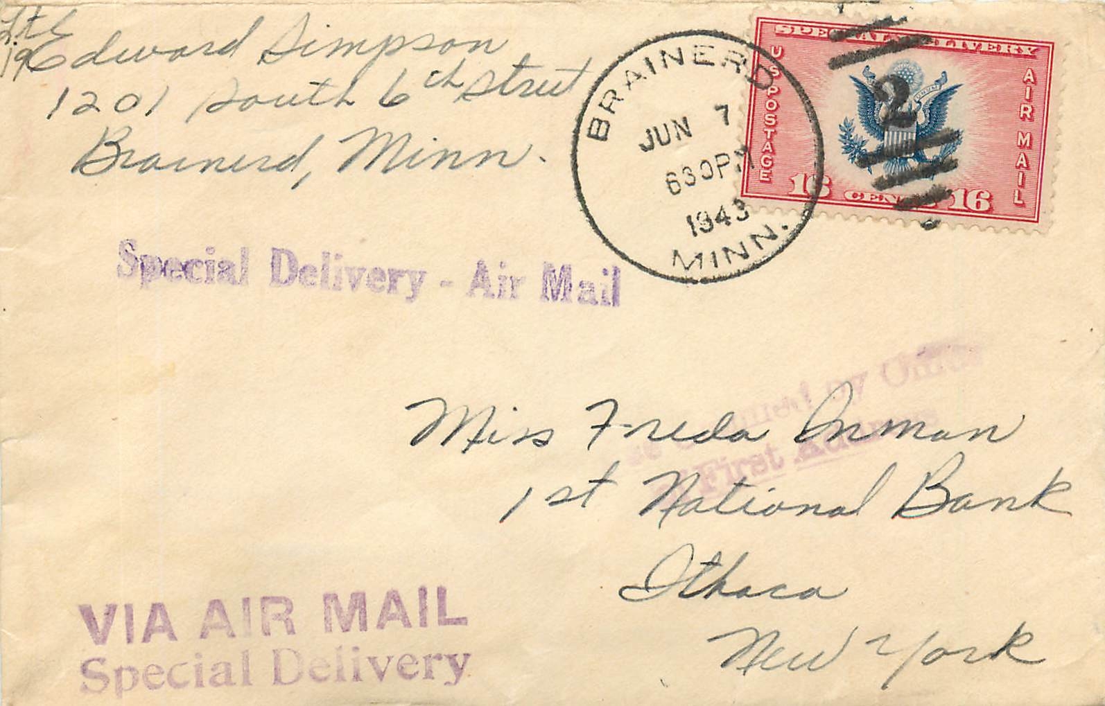 Lettre Cover Etats-Unis 16c on spcial delivery Brainerd cover to Ithaca