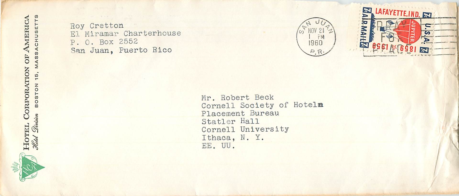 Lettre Cover Etats-Unis 1960 San Juan cover Lafayette