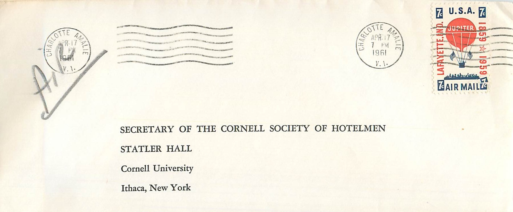 Lettre Cover Etats-Unis 1961 Charlotte Amalle Lafayette