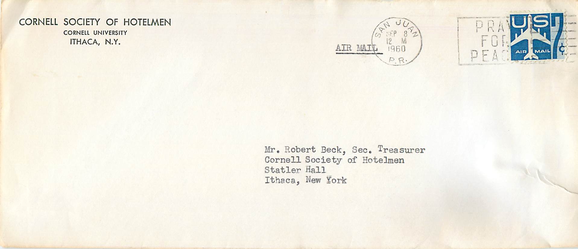 Lettre Cover Etats-Unis 1960 San Juan cover Cornell Society of Hotelman Ithaca