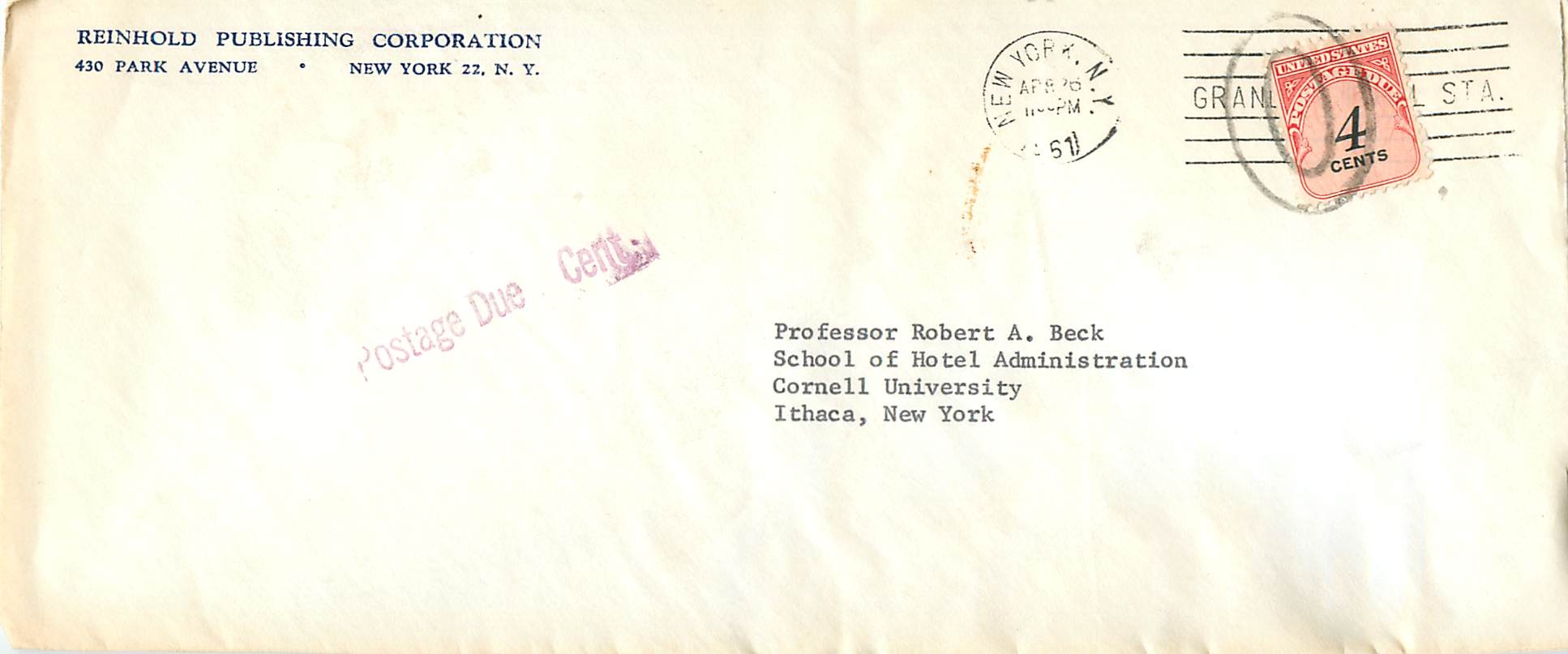 Lettre Cover Etats-Unis 1961 4c Postage Due to Ithaca New York
