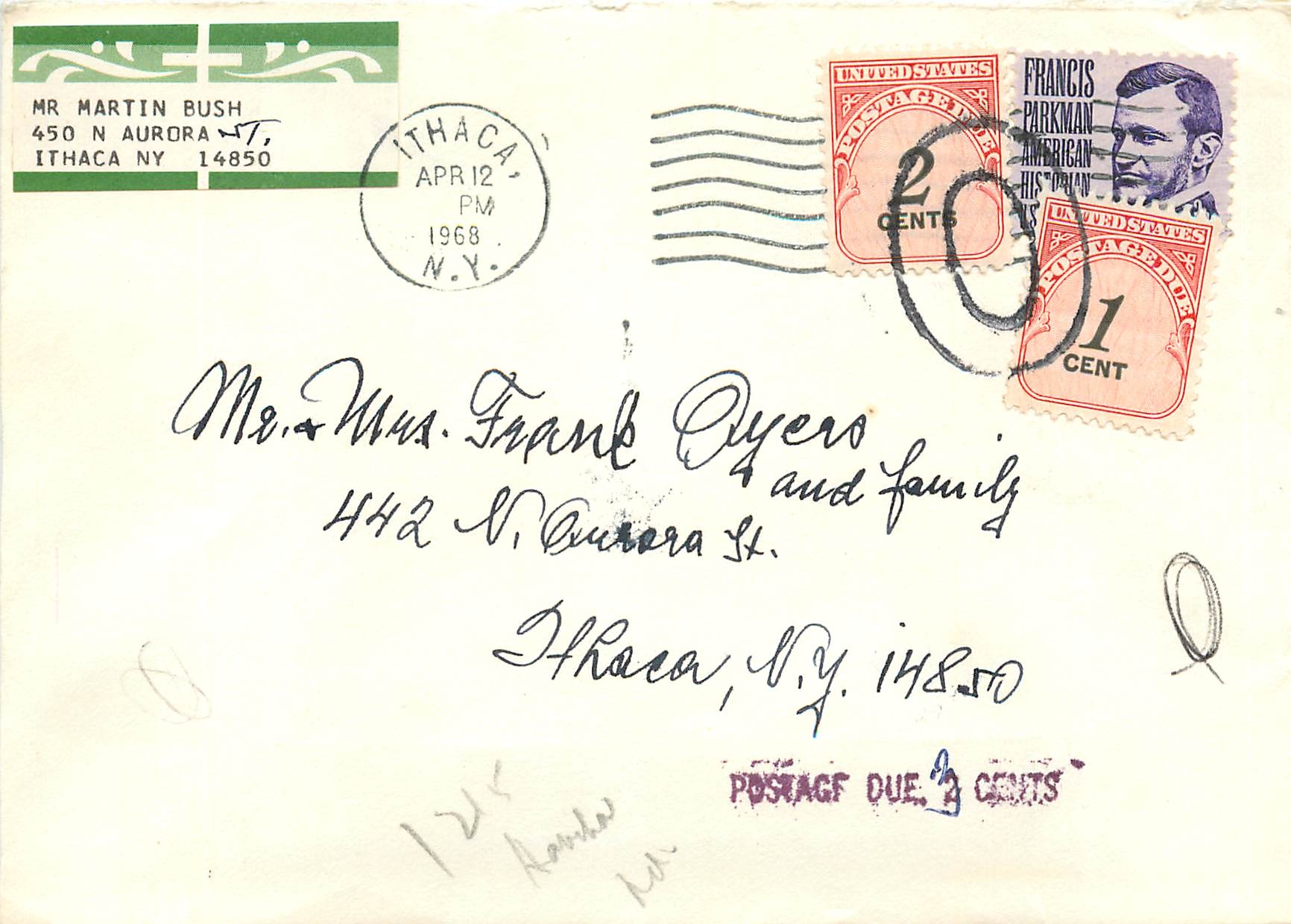 Lettre Cover Etats-Unis Ithaca 1968 with postage due stamps