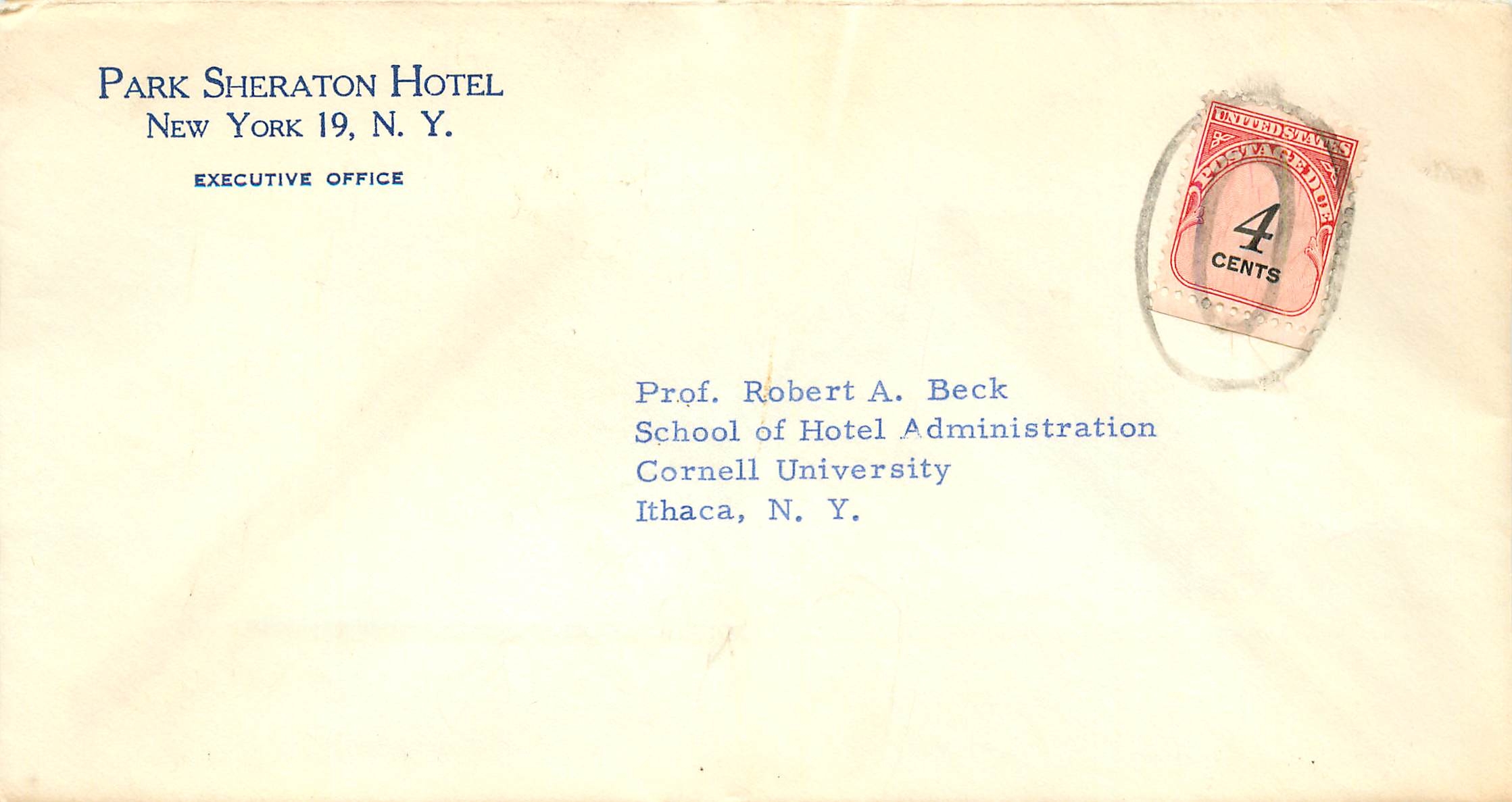 Lettre Cover Etats-Unis postage due to Ithaca Park Sheraton New York