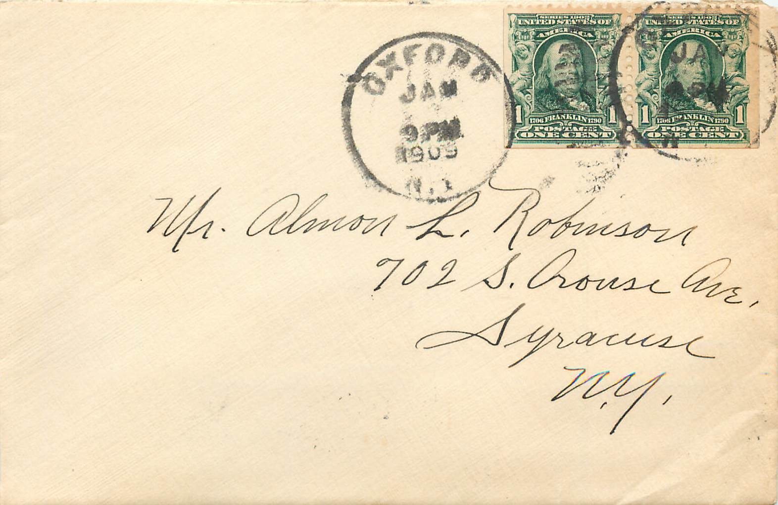 Lettre Cover Etats-Unis 2 * 1c Oxford 1909