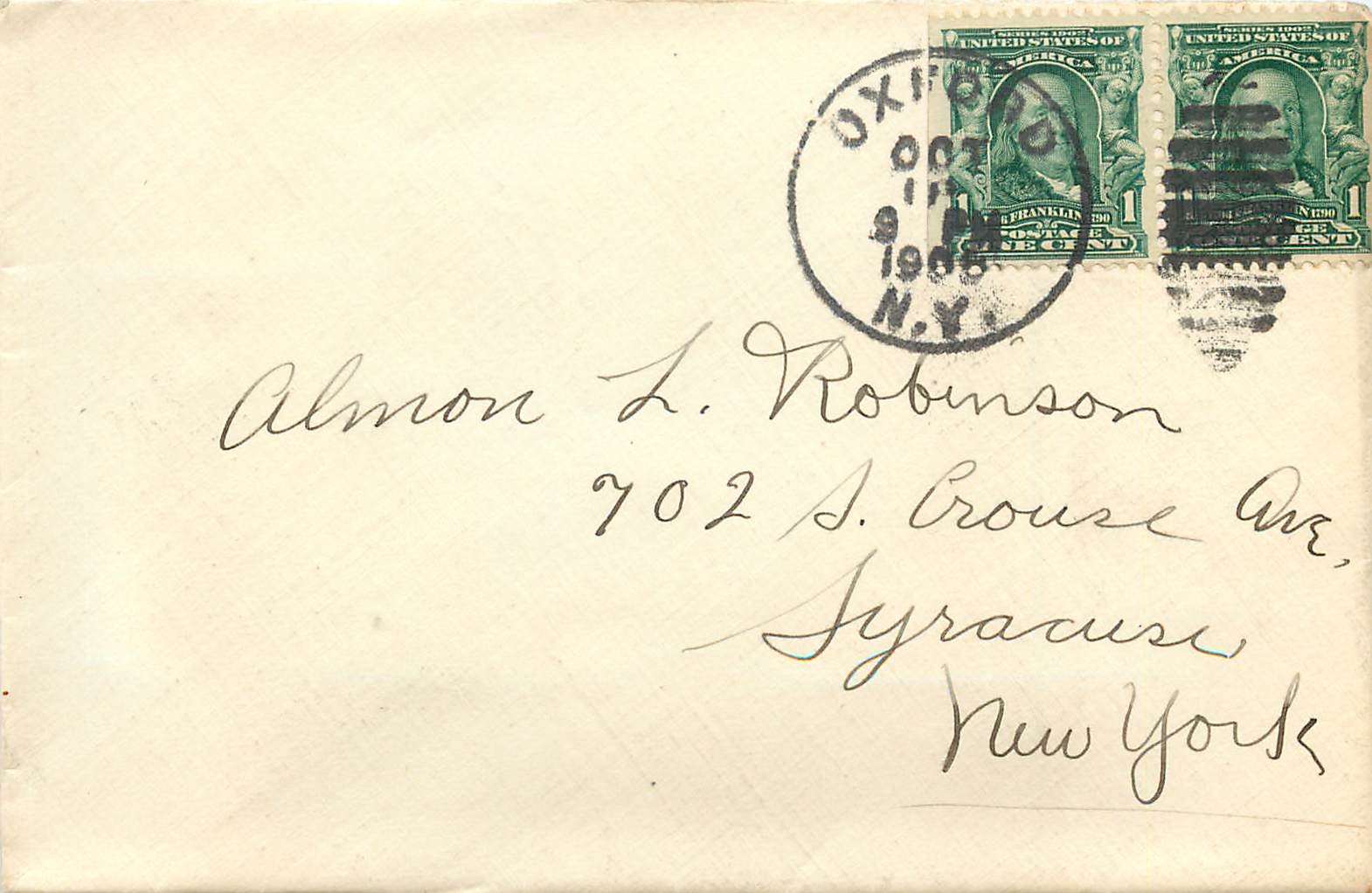 Lettre Cover Etats-Unis 2 * 1c Oxford 1908