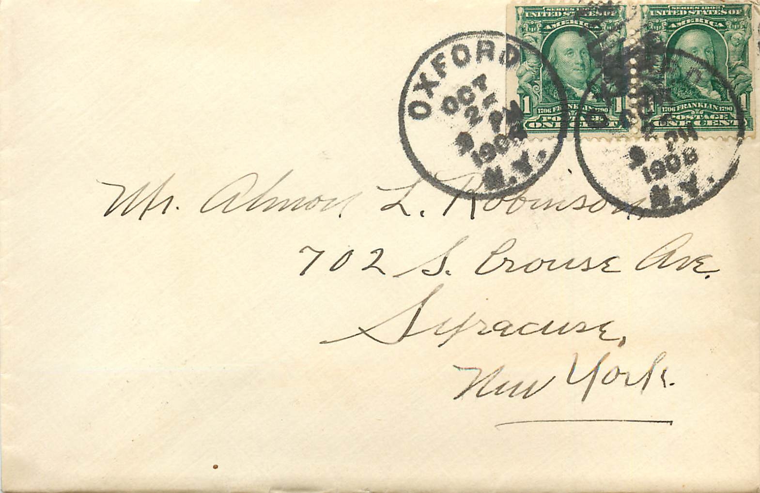 Lettre Cover Etats-Unis 2 * 1c Oxford 1908