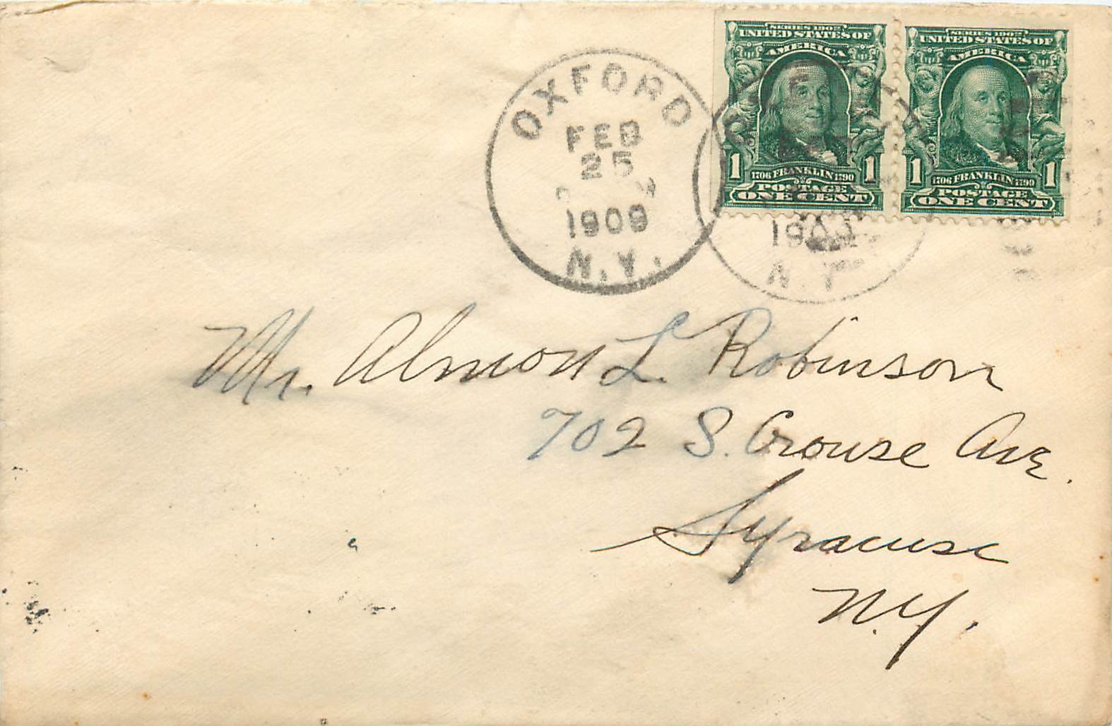Lettre Cover Etats-Unis 2 * 1c Oxford 1909