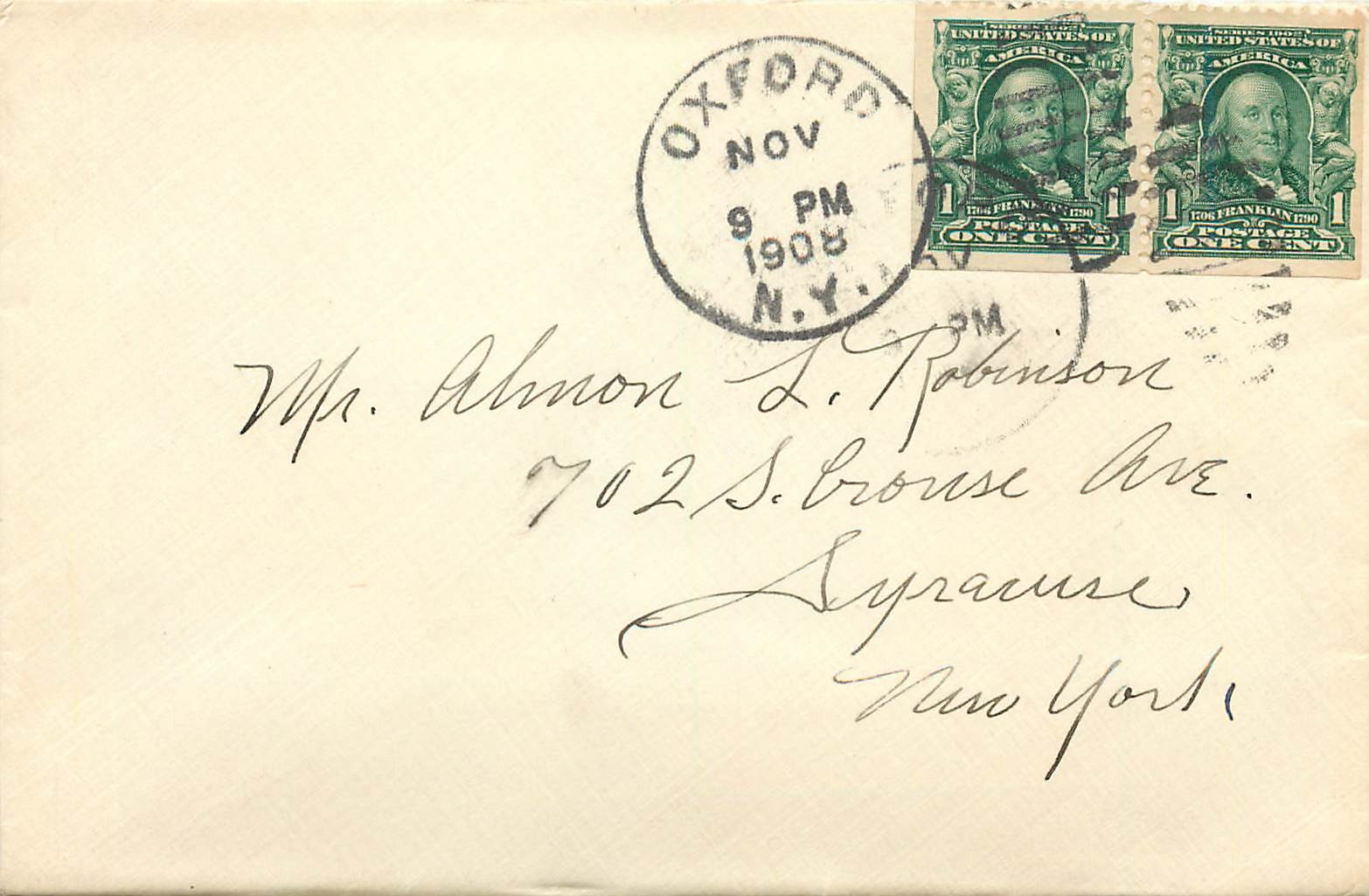 Lettre Cover Etats-Unis 2 * 1c Oxford 1908