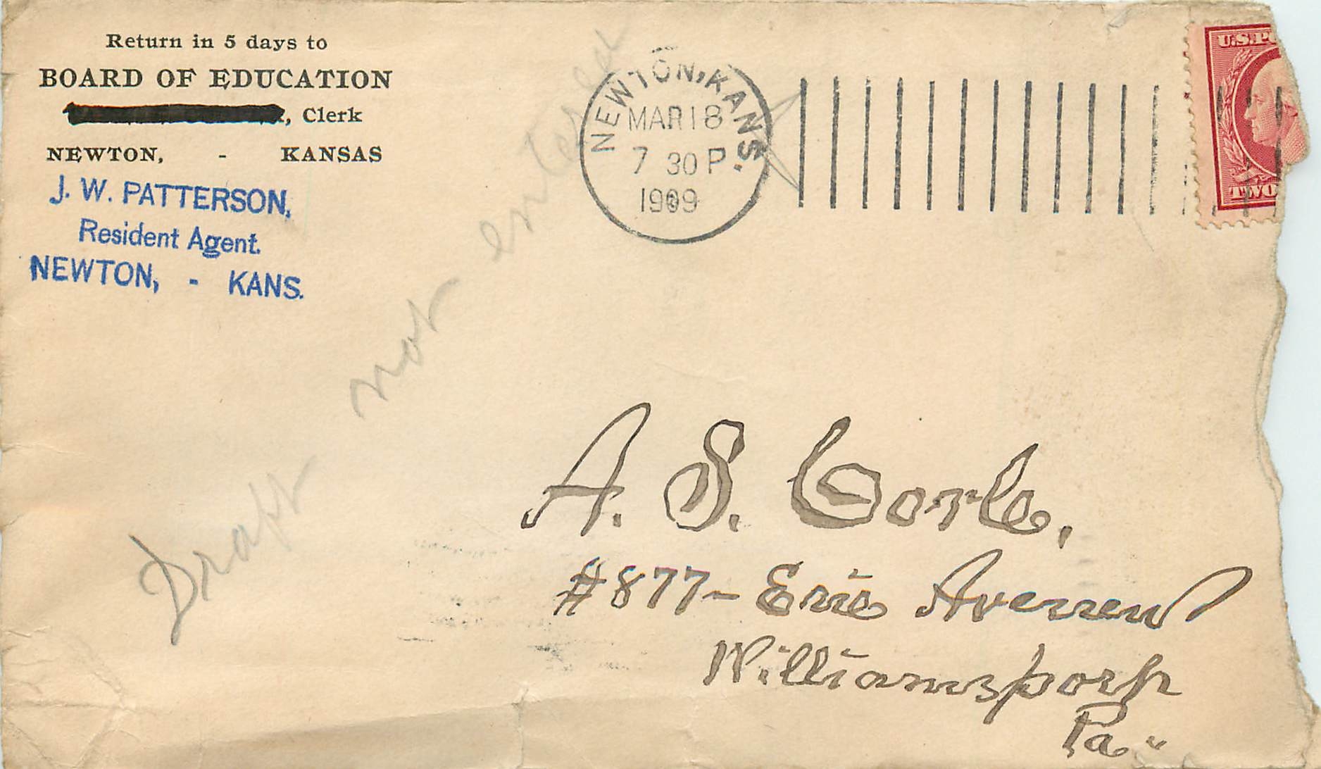 Lettre Cover Etats-Unis Newton 1909