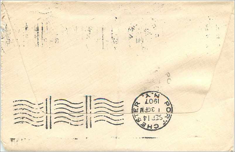 Lettre Cover Etats-Unis 2c on 1907 Cortland cover for Port Chester — Back