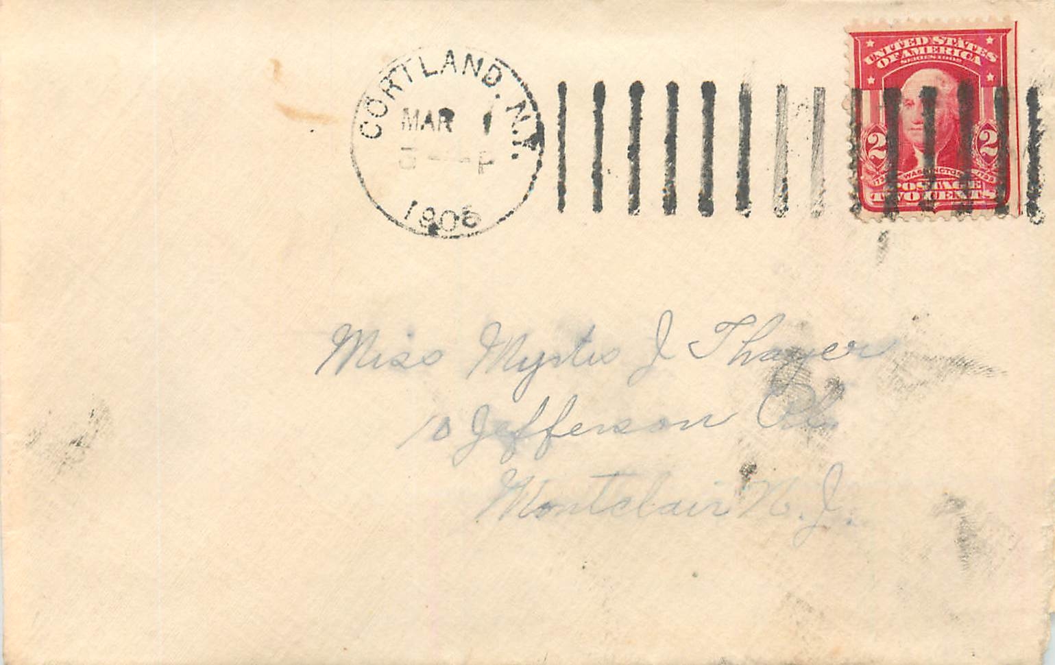 Lettre Cover Etats-Unis 2c on 1905 Cortland cover for Montlcair
