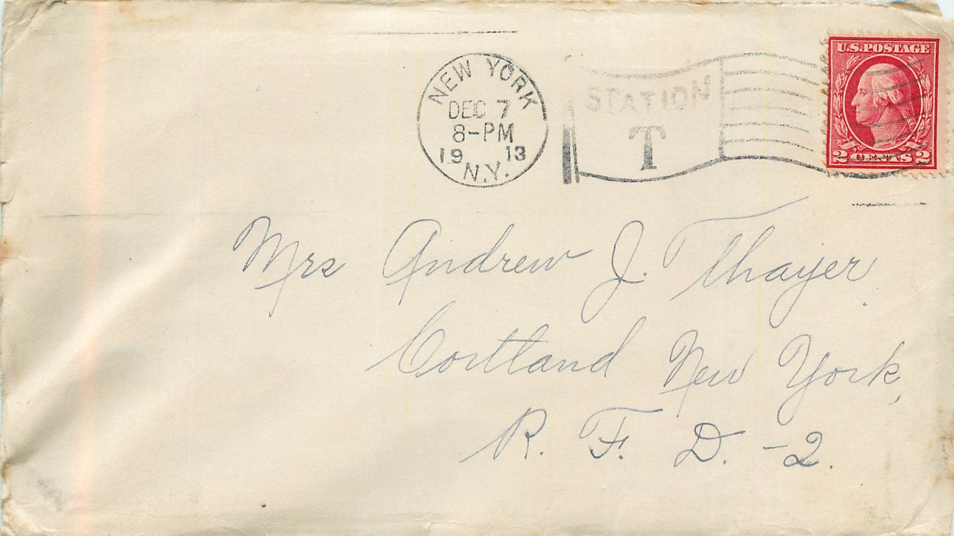 Lettre Cover Etats-Unis 2c New York 1913 for Cortland