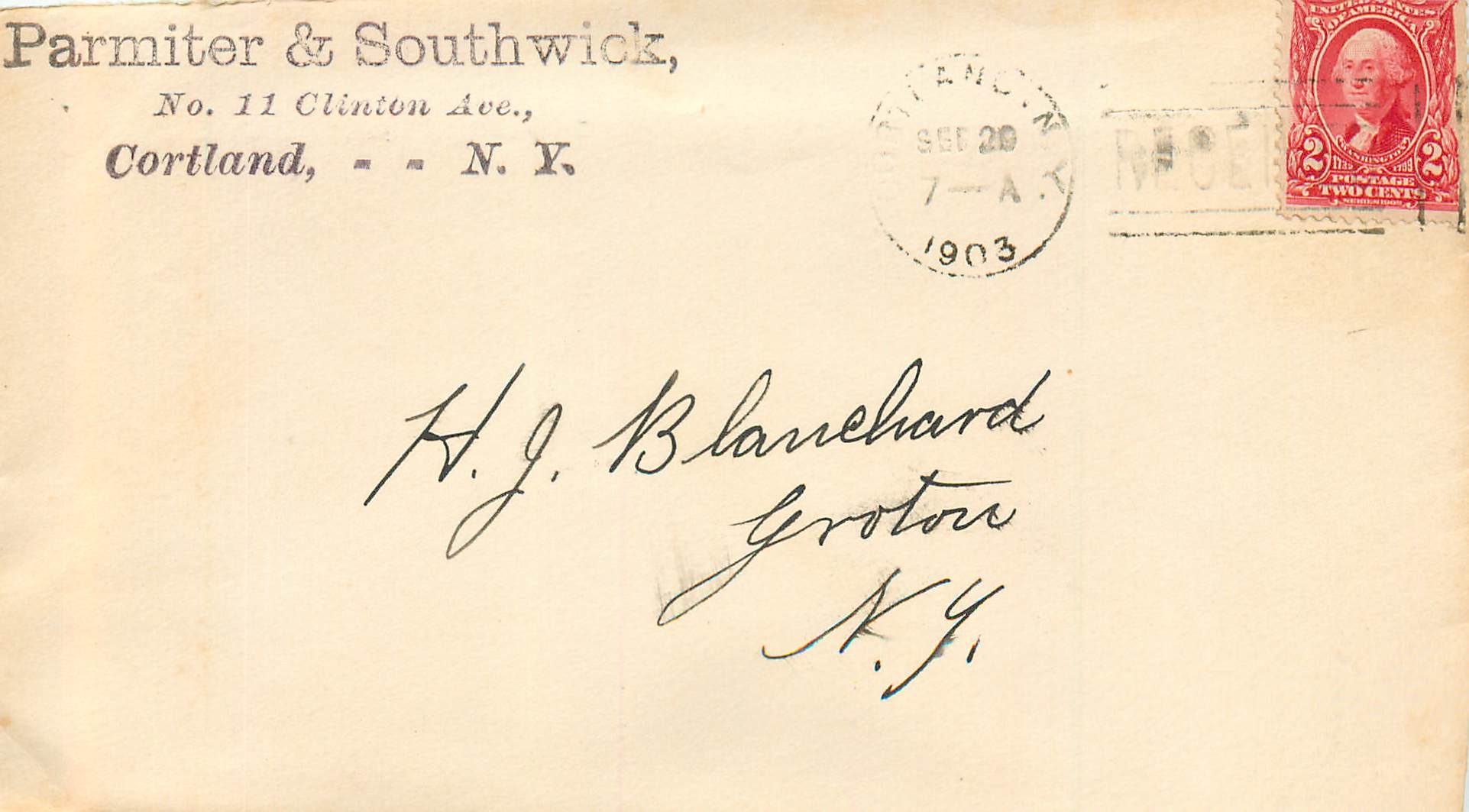 Lettre Cover Etats-Unis 2c Cortland for NY 1903