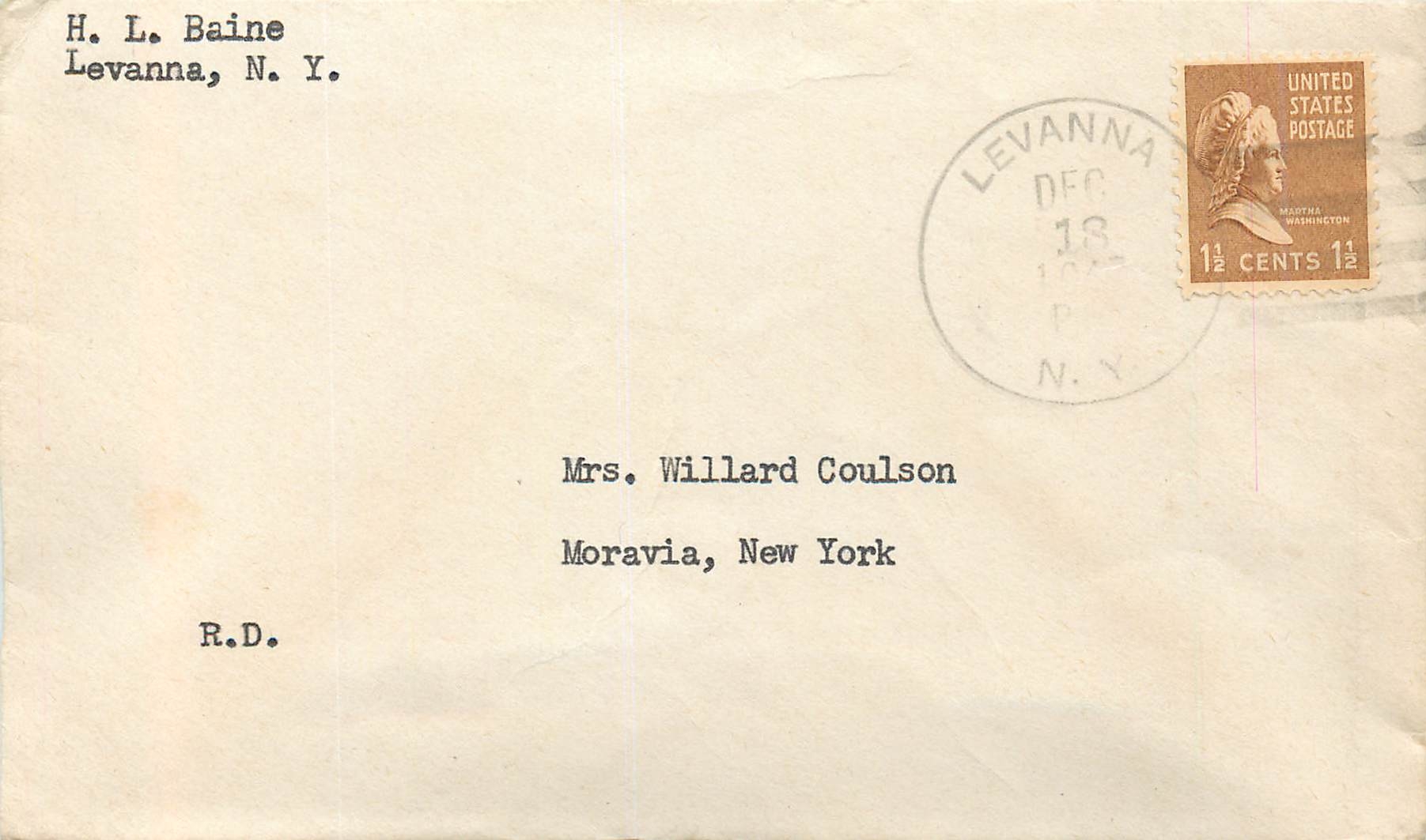 Lettre Cover Etats-Unis 1 1/2c Levanna 1940 for Moravia NY