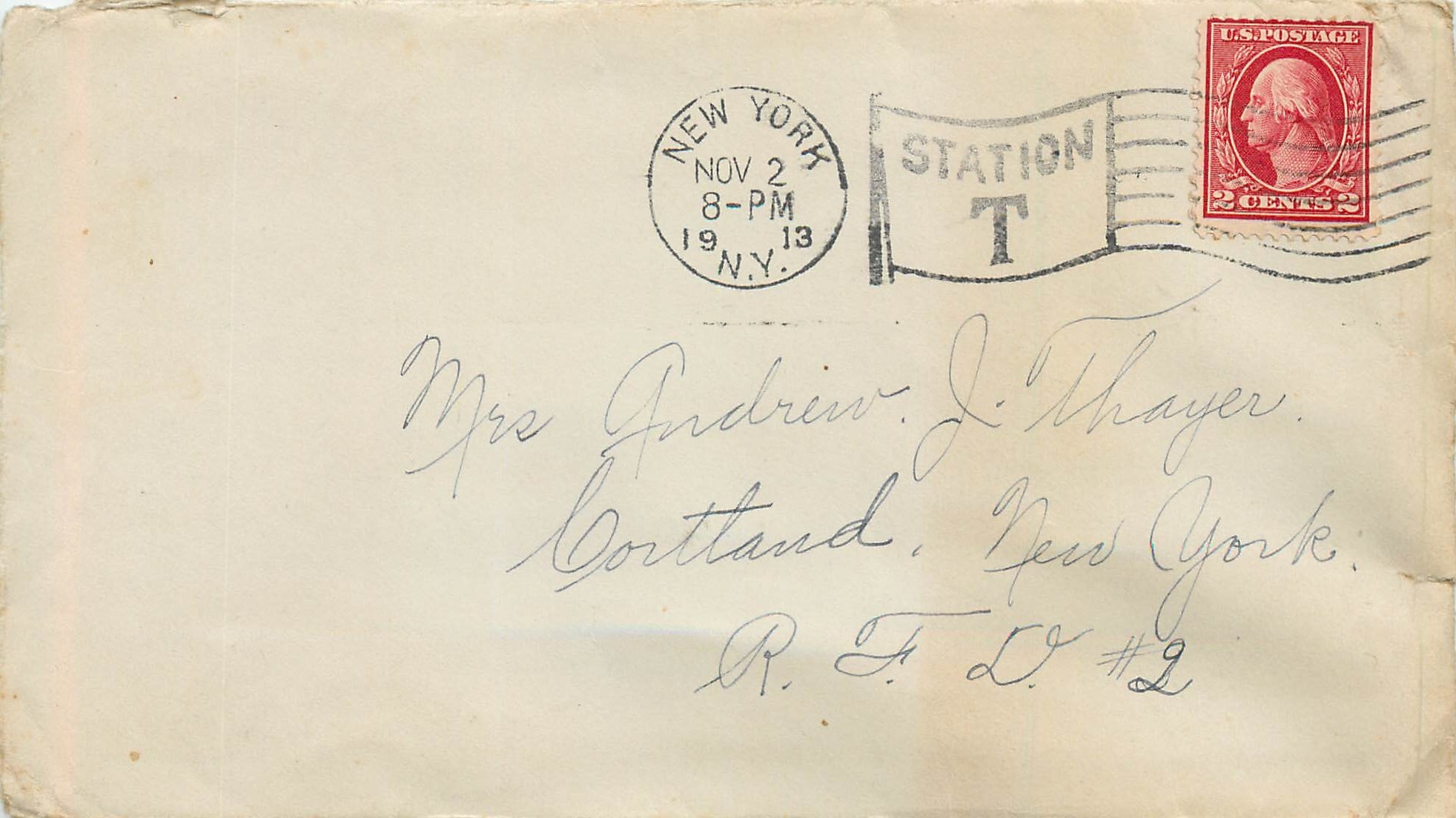 Lettre Cover Etats-Unis 2c New York 1913 for Cortland