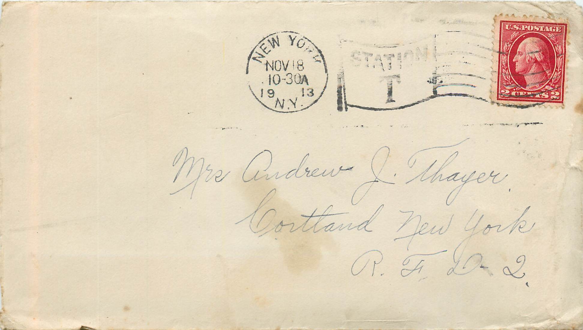 Lettre Cover Etats-Unis 2c New York 1913 for Cortland