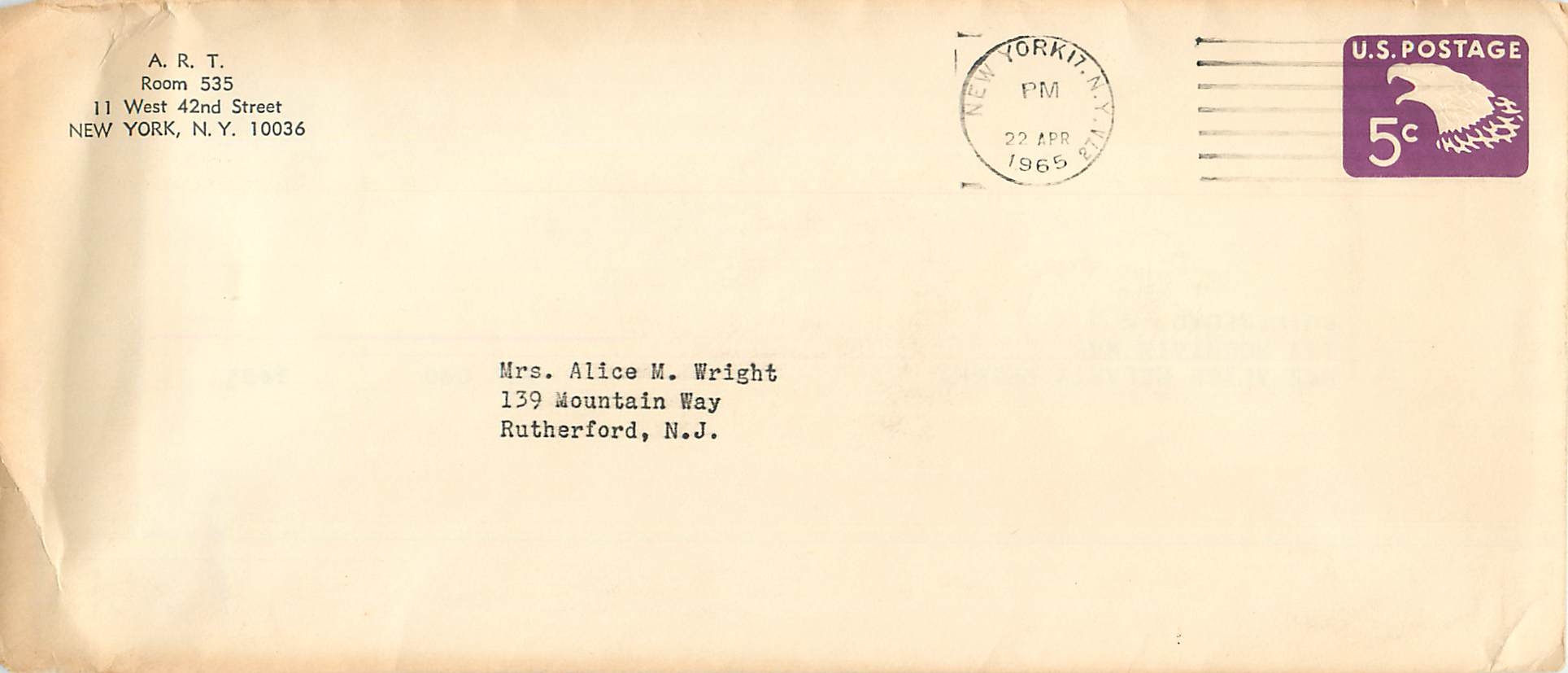 Lettre Cover Etats-Unis Stationary 5c 1965 to Rutherford