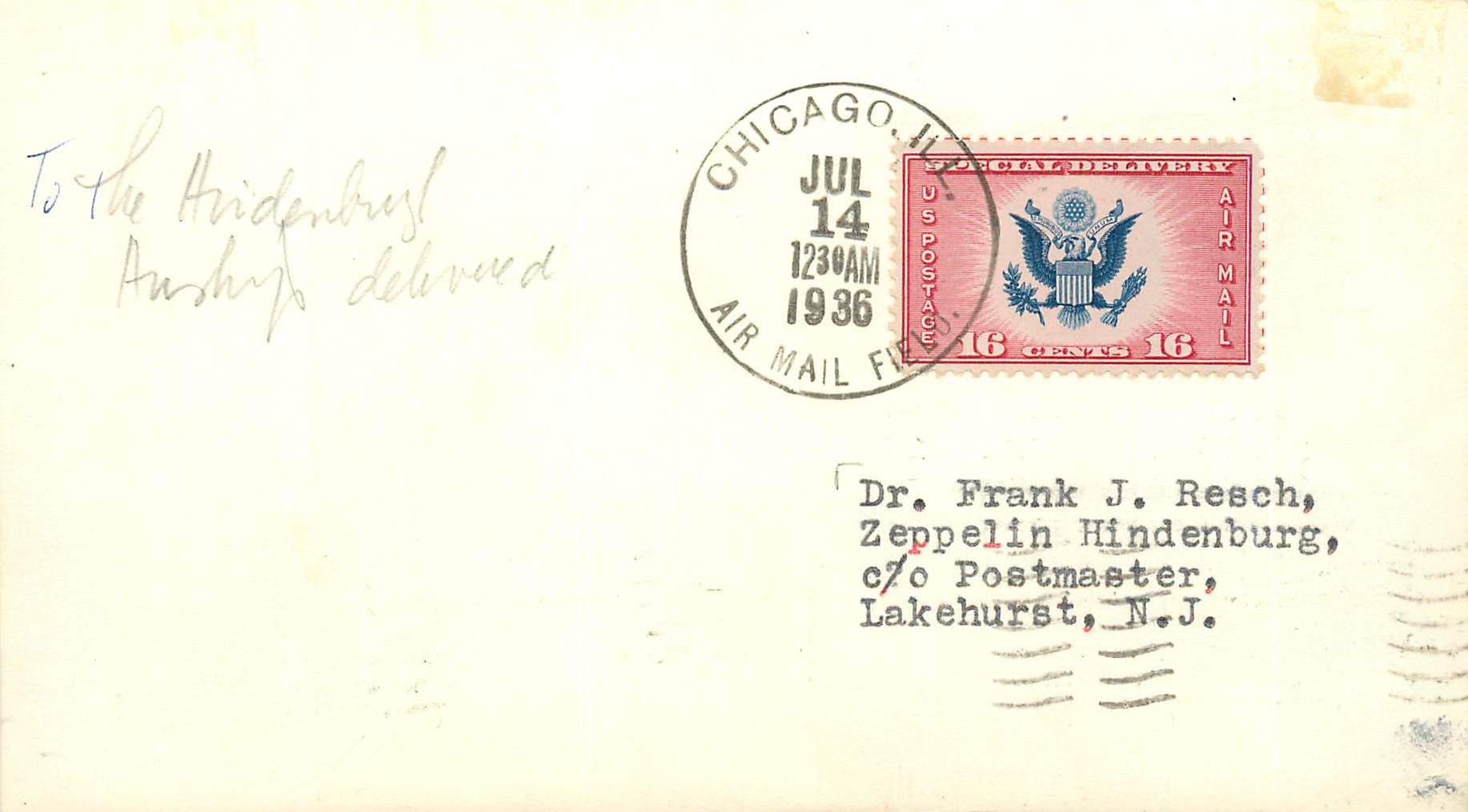 Lettre Cover Etats-Unis Chicago 1936 for Lakehurst
