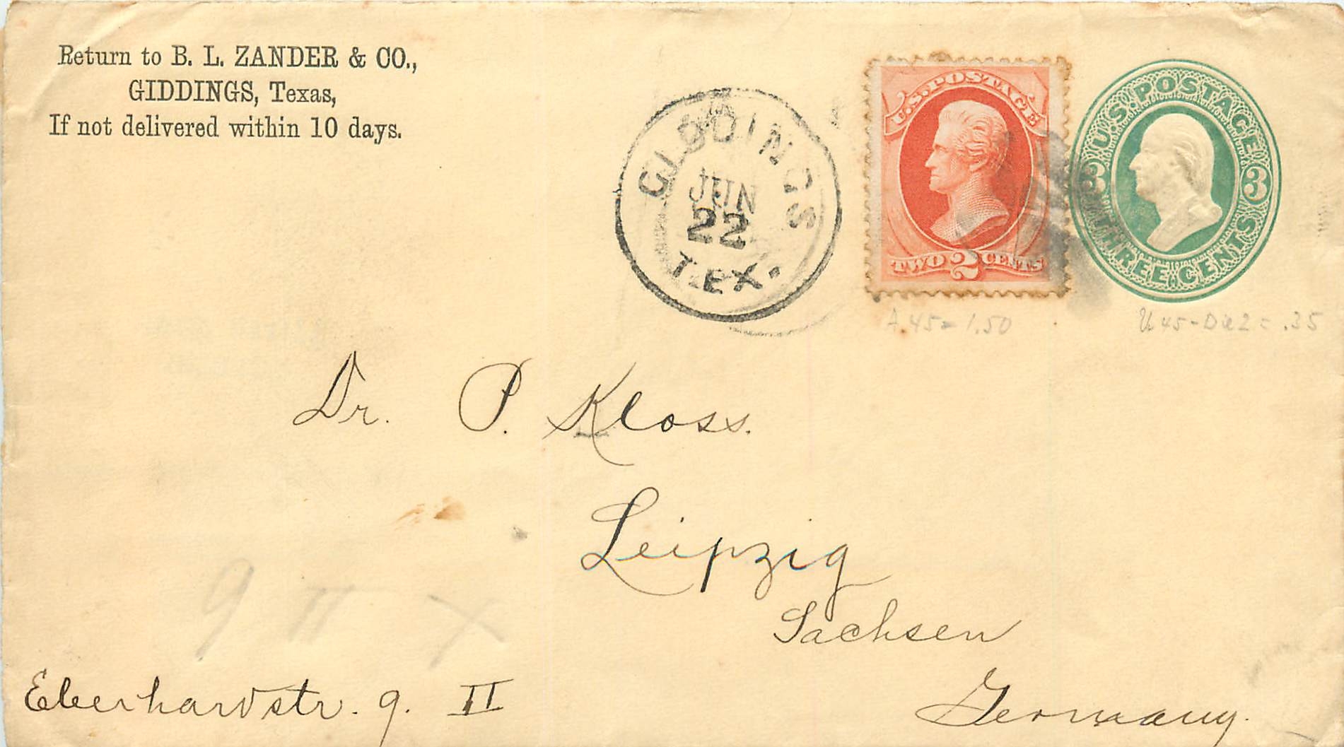 Stationay Etats-Unis 3c +2c Giddings cover