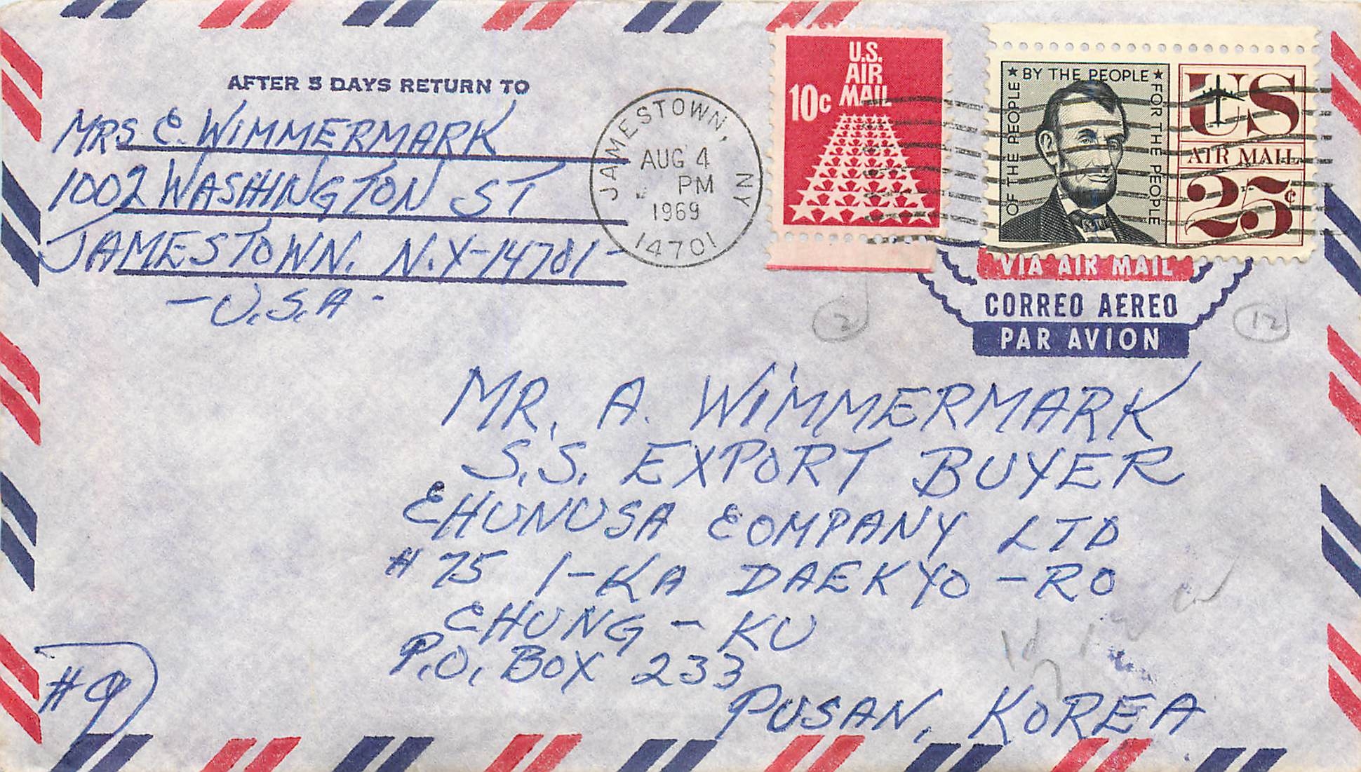 Lettre Cover Etats-Unis 25c 1969 Jamestown to Korea
