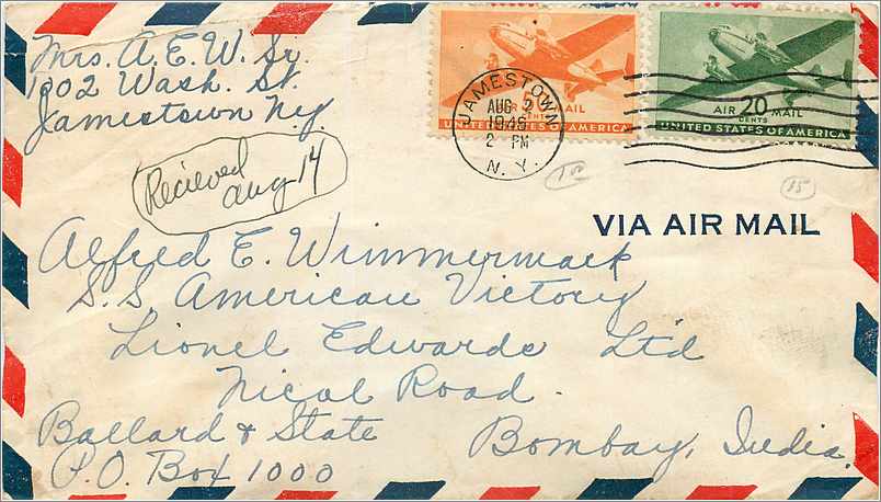 Lettre Cover Etats-Unis Jamestown to Bombay 1946