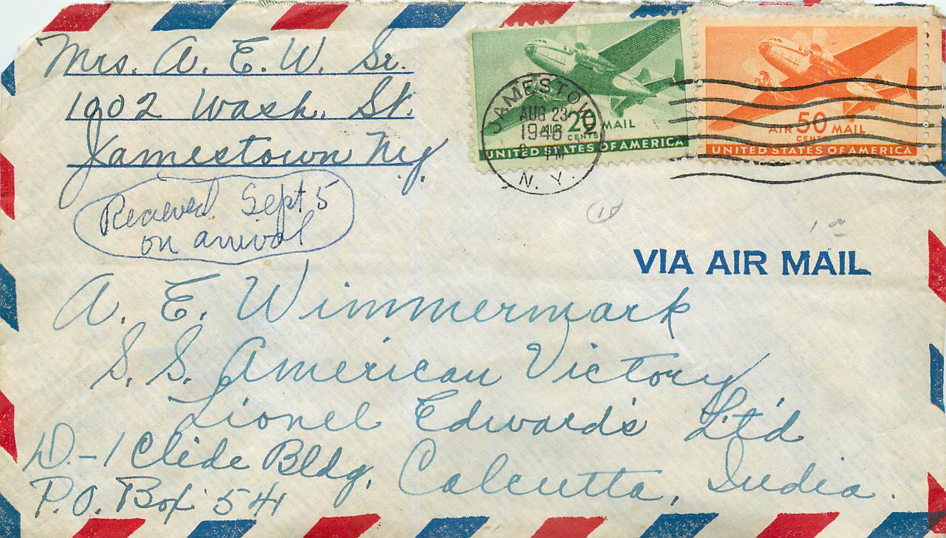 Lettre Cover Etats-Unis Jamestown to India 1946