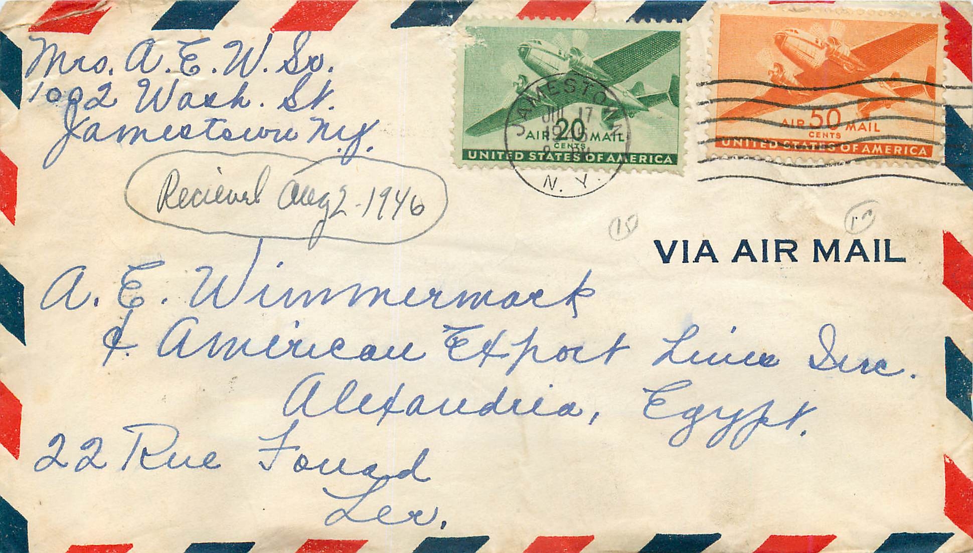 Lettre Cover Etats-Unis Jamestown to India 1946