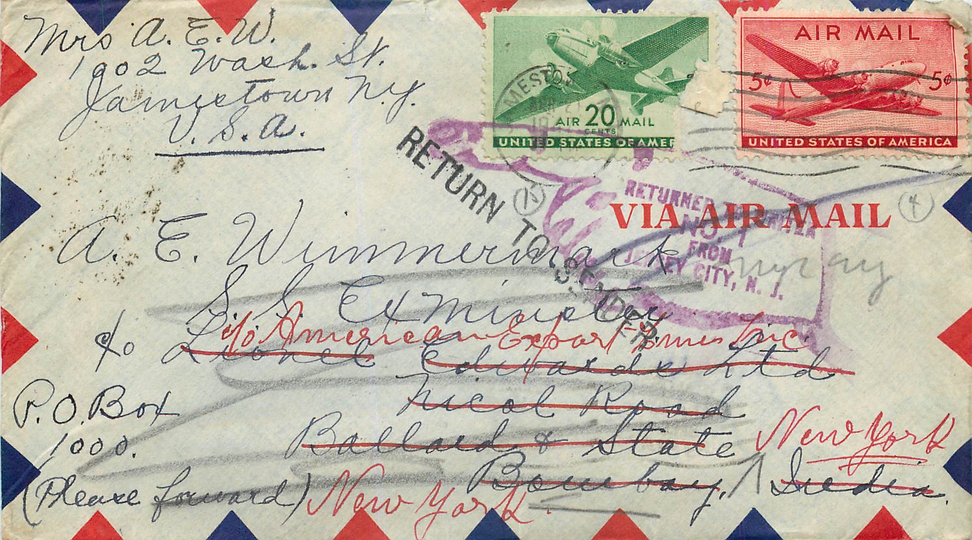 Lettre Cover Etats-Unis Jamestown to India 1947