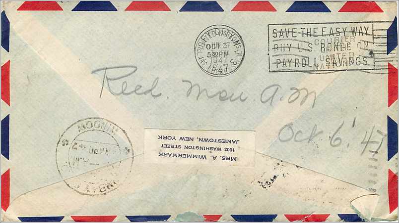 Lettre Cover Etats-Unis Jamestown to India 1947 — Rückseite