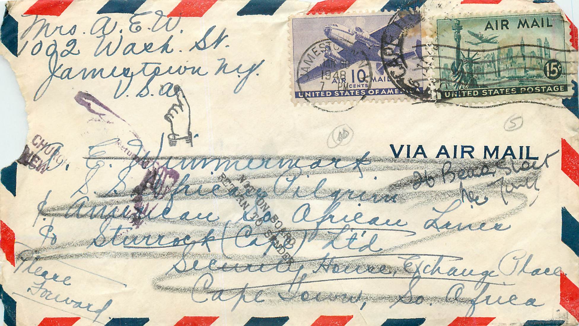 Lettre Cover Etats-Unis Jamestown to South AFrica 1948