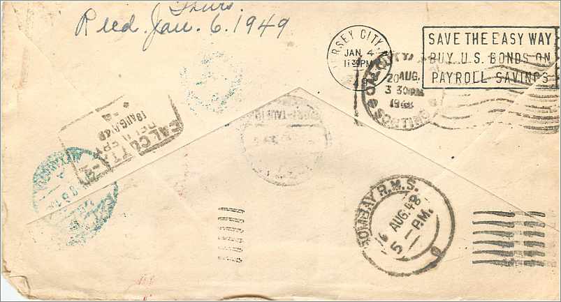 Lettre Cover Etats-Unis Jamestown to India 1948 — Rückseite
