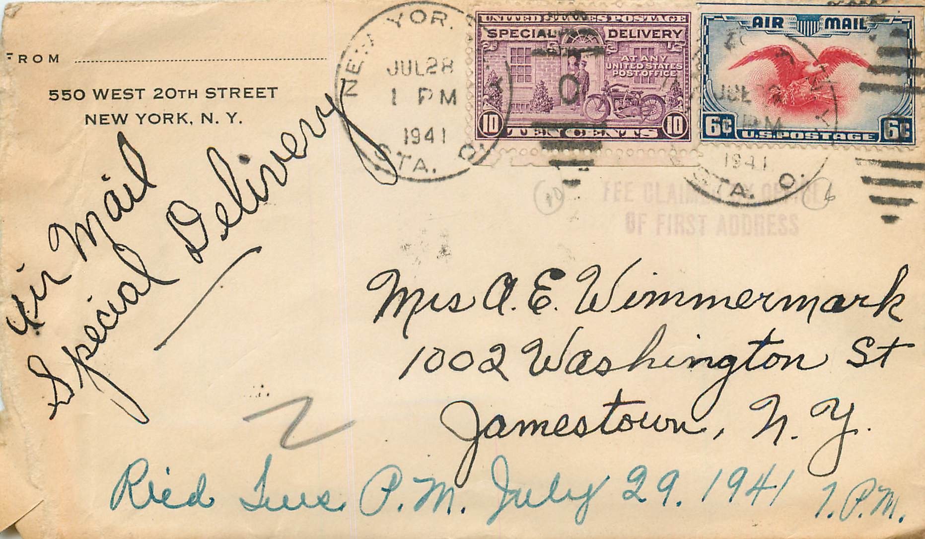 Lettre Cover Etats-Unis New York Special delivery Moto to NY