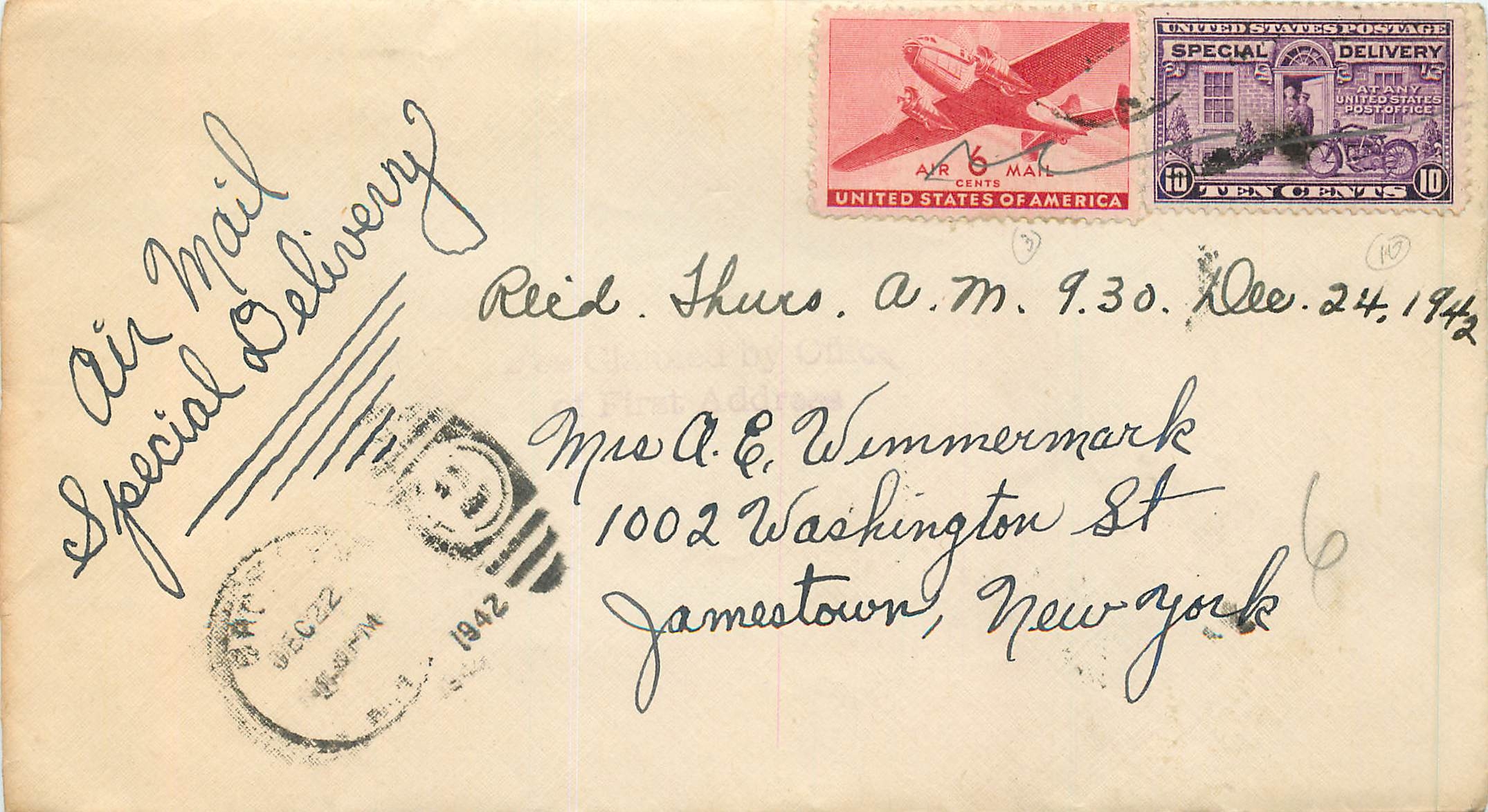Lettre Cover Etats-Unis New York Special delivery Moto to NY 1942