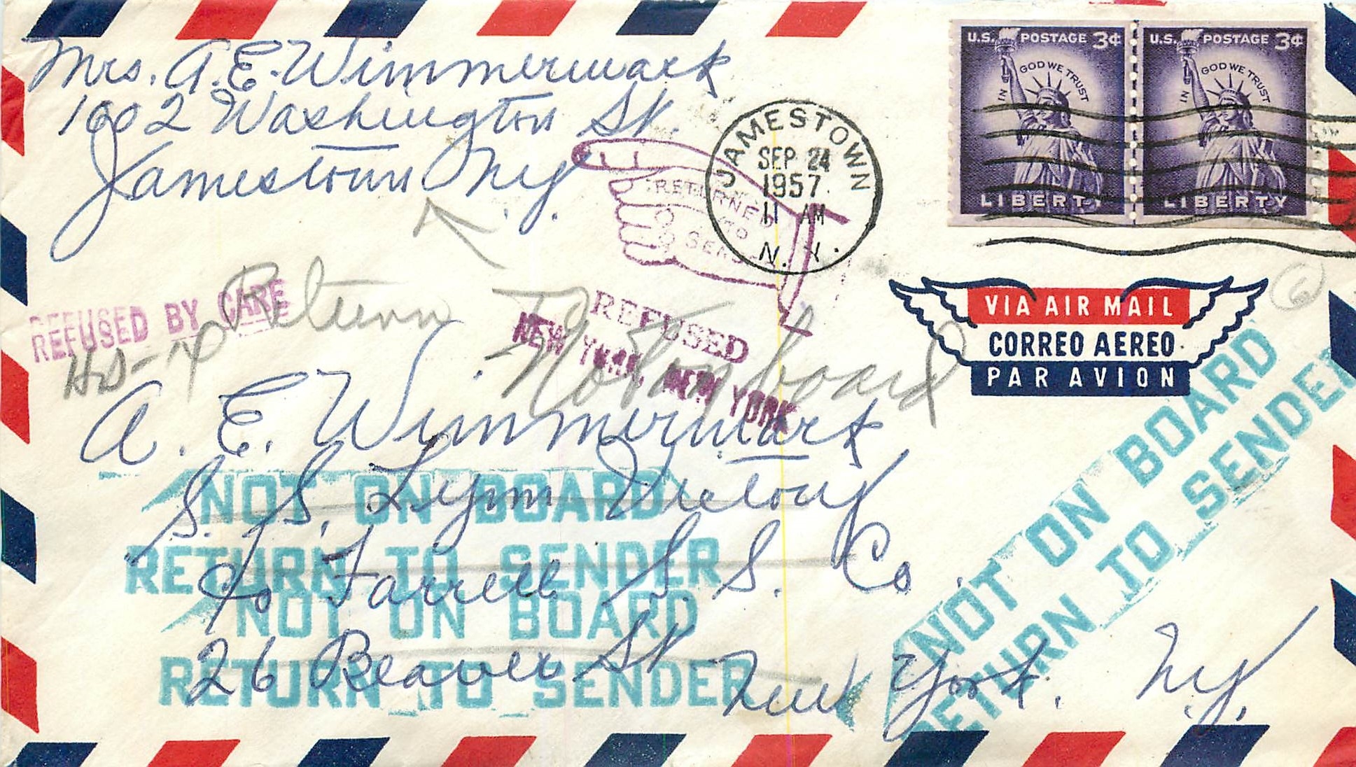 Lettre Cover Etats-Unis Jamestown 2*3c 1957 cover to NY